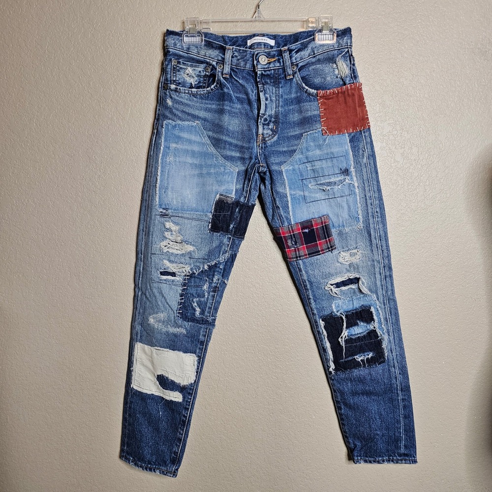 Moussy Patchwork Distressed Denim Jeans Size 26 button fly straight mid rise